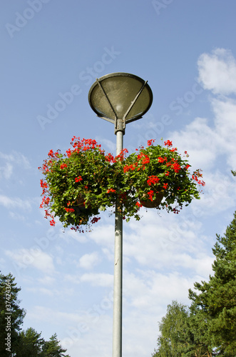 street lamp with two flowerpots