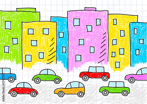 Drawing of buildings and cars