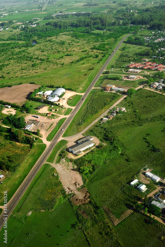 Green field and country road aerial view