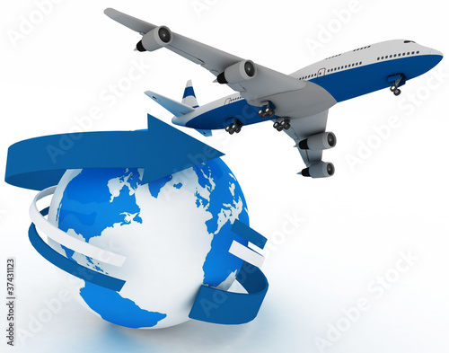 passenger jet airplane travels around the world
