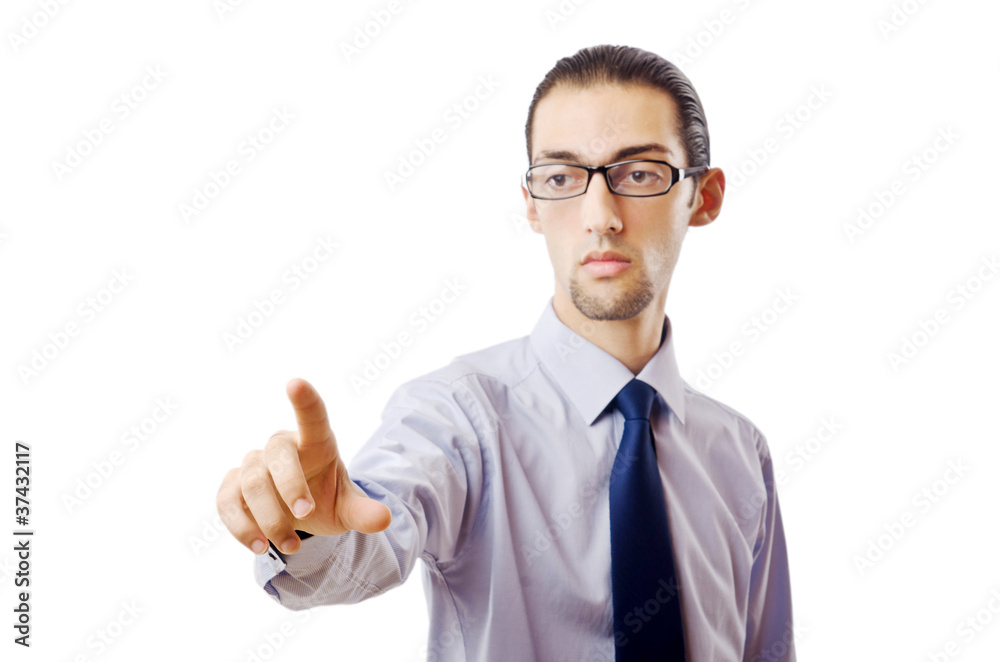 Businessman pressing virtual buttons Businessman pressing virtual buttons