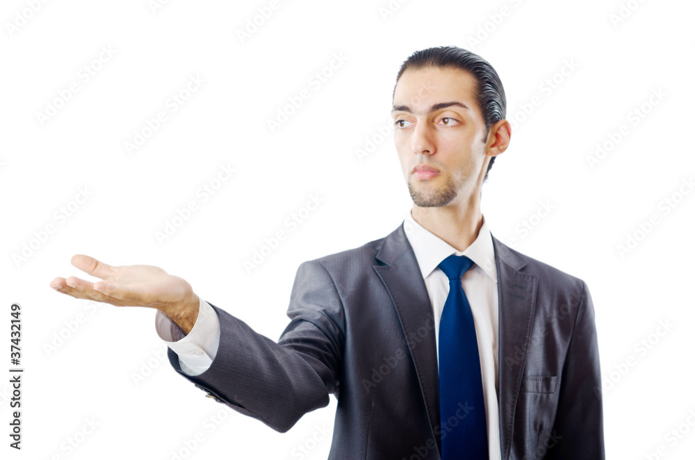 Businessman pressing buttons in the air Businessman pressing buttons in the air
