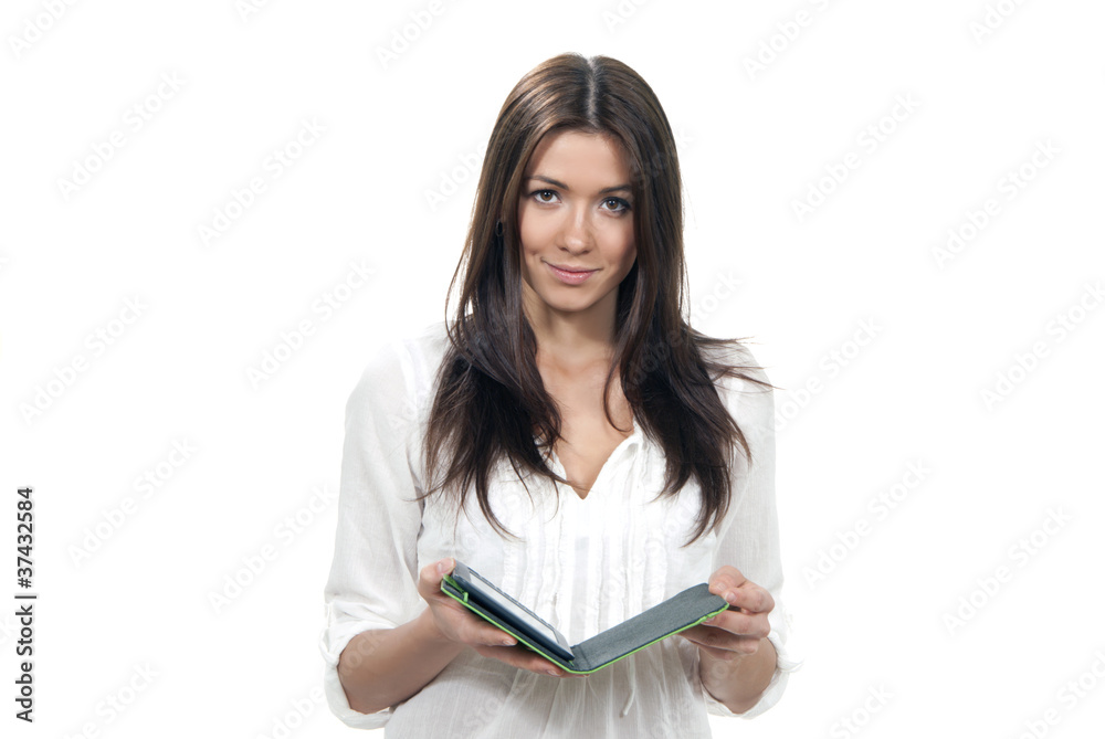 woman holding ebook electronic tablet touch pad woman holding ebook electronic tablet touch pad