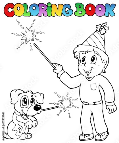 Coloring book boy with sparkler