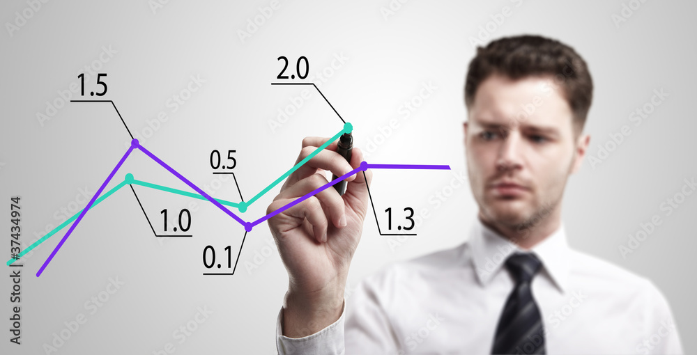 Young business man drawing a graph on a glass window Young business man drawing a graph on a glass window