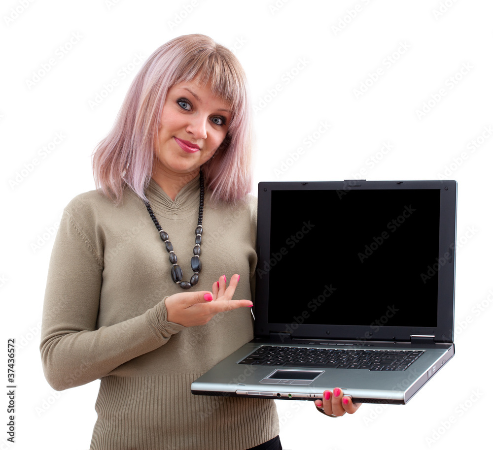 Attractive girl displaying a laptop isolated over a white backgr Attractive girl displaying a laptop isolated over a white backgr