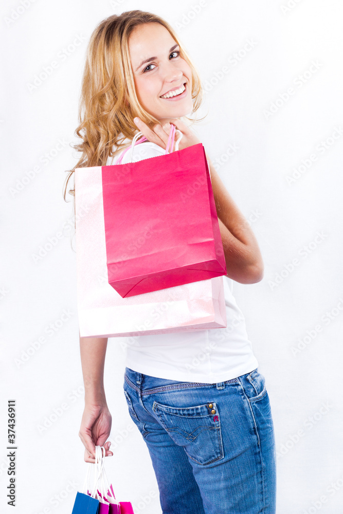 Happy shopping girl. Isolated over white background. Happy shopping girl. Isolated over white background.
