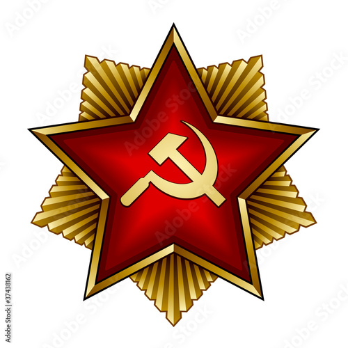 vector golden soviet badge - red star sickle and hammer