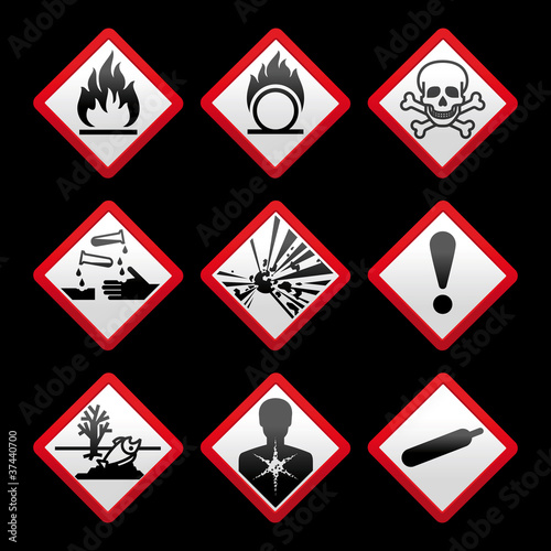 New safety symbols Hazard signs Black background