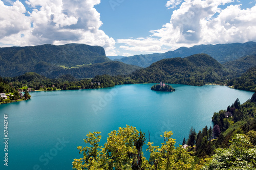 Bled Lake and mountains landcape in Slovenia photo