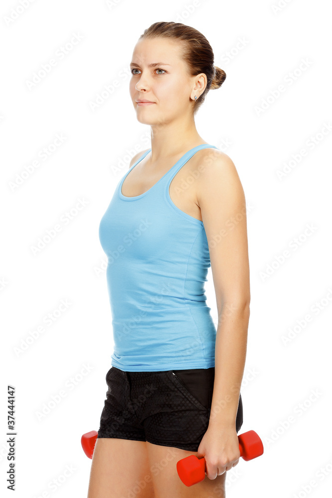 Girl with red barbells on white background Girl with red barbells on white background