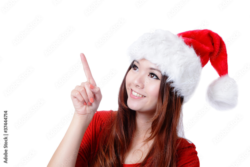 Young happy Christmas girl smile introduce by finger Young happy Christmas girl smile introduce by finger