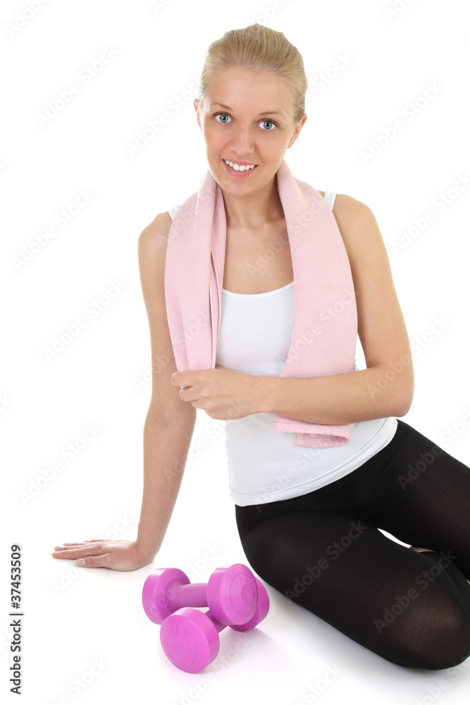 attractive blonde relaxing after gymnastics over white attractive blonde relaxing after gymnastics over white