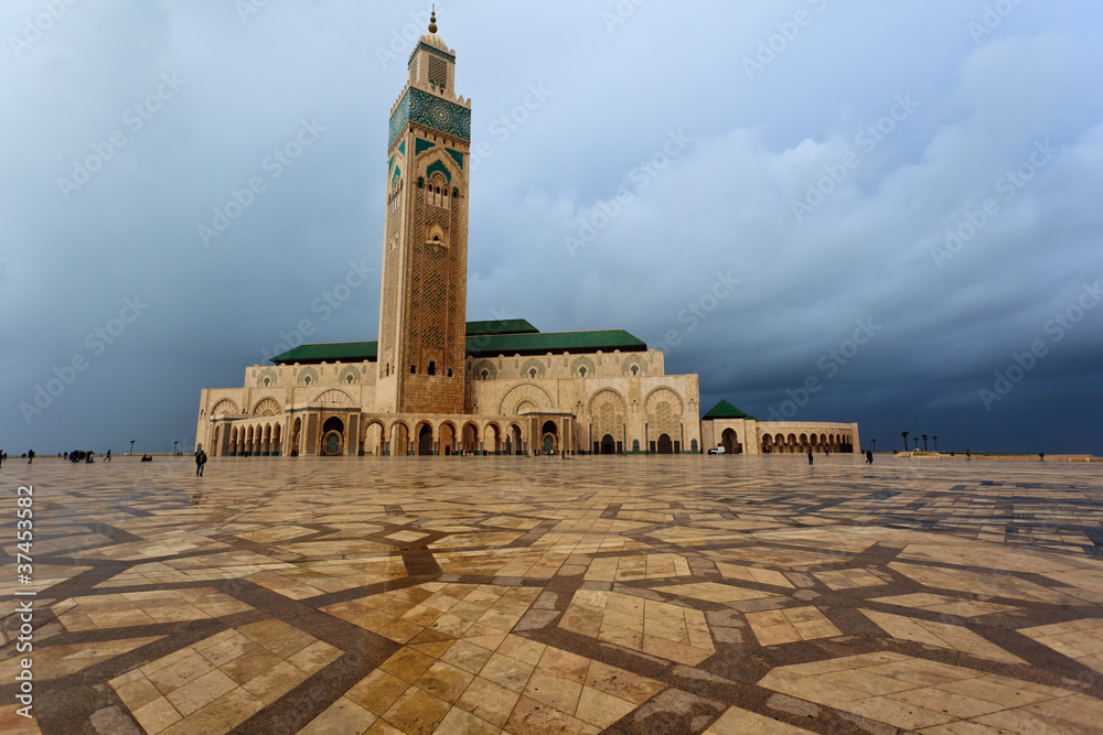 Panorama of the front of Hassan II Mosque in Casablanca, Morocco