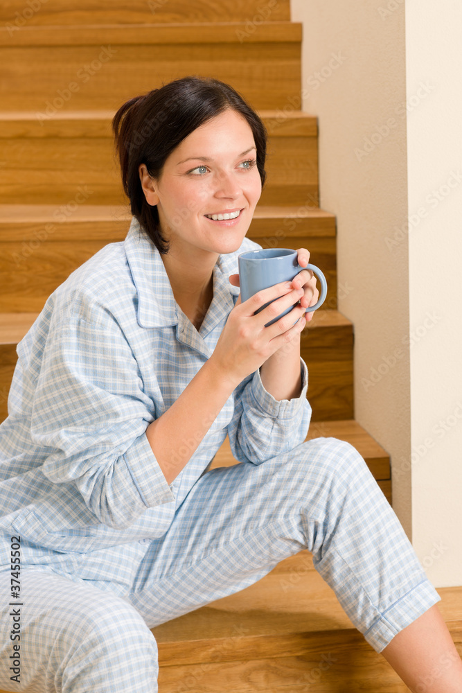 Home morning woman in pajamas drink coffee Home morning woman in pajamas drink coffee