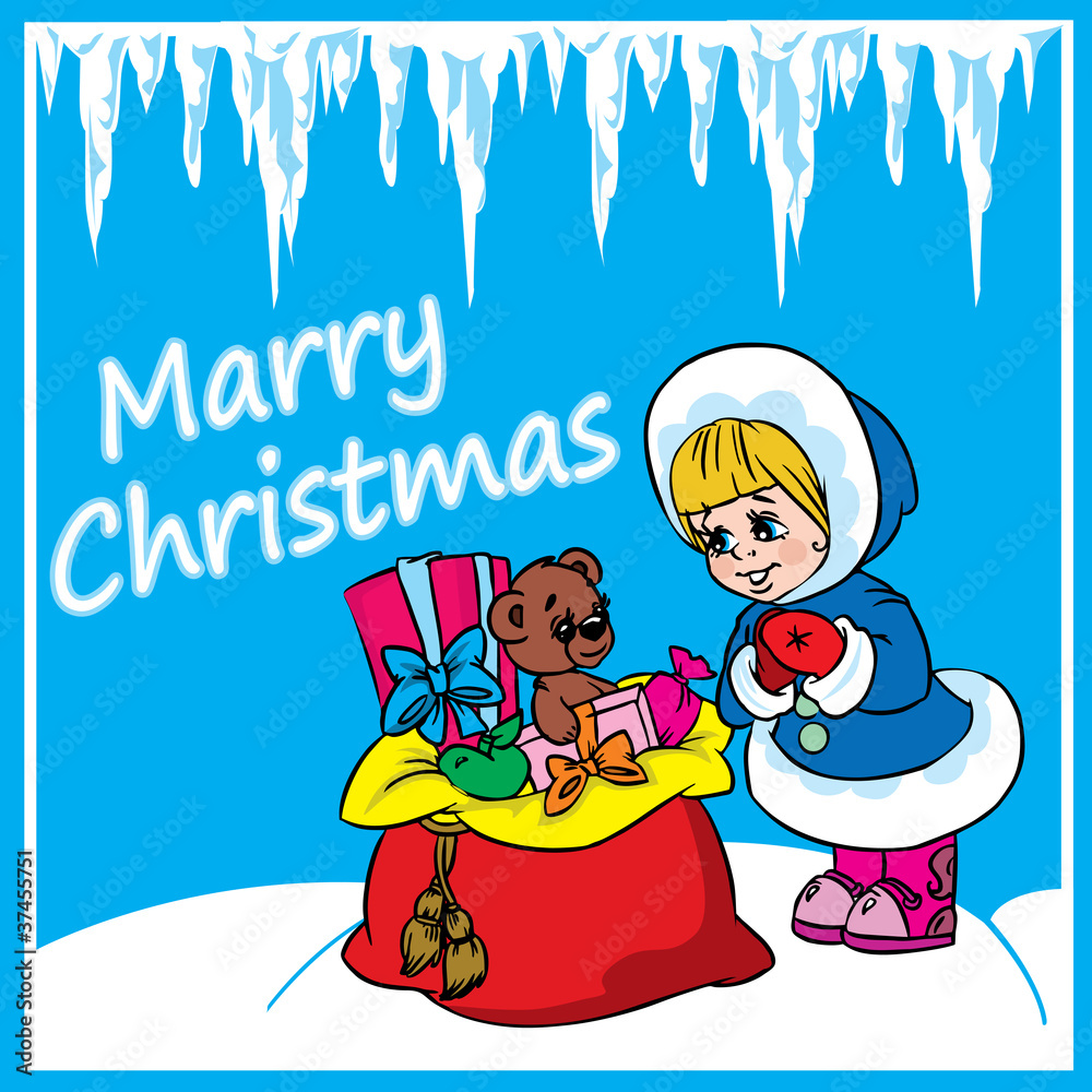Naklejka premium Christmas&nbsp;greeting card&nbsp;with gifts&nbsp;and girl