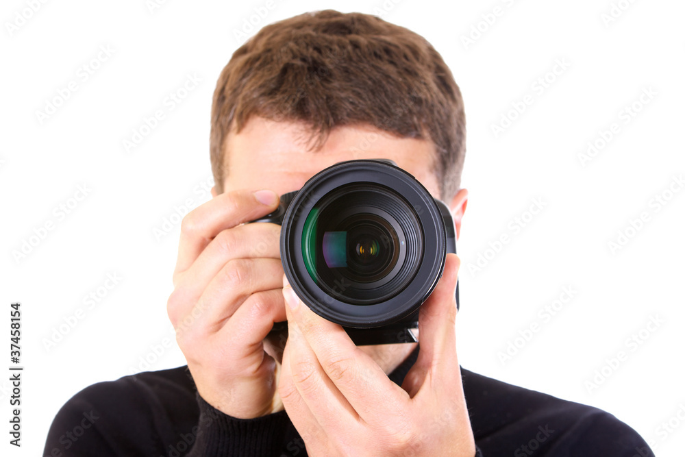 Photographer with a camera isolated on white