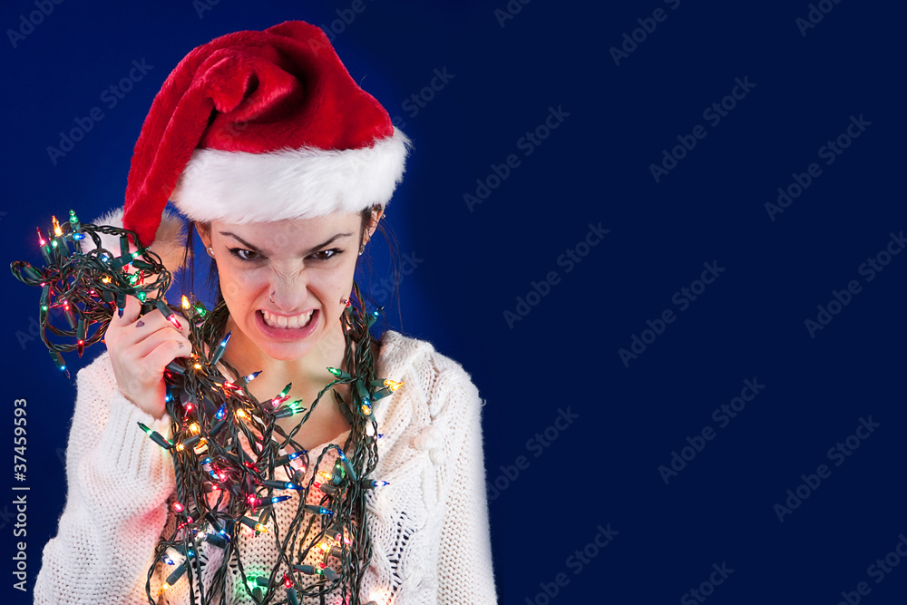 Panicked girl with Christmas lights Panicked girl with Christmas lights