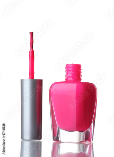 Pink nail polish on white background