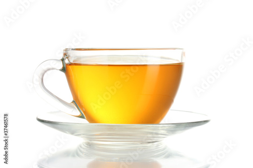 Beautiful transparent cup of tea isolated on white
