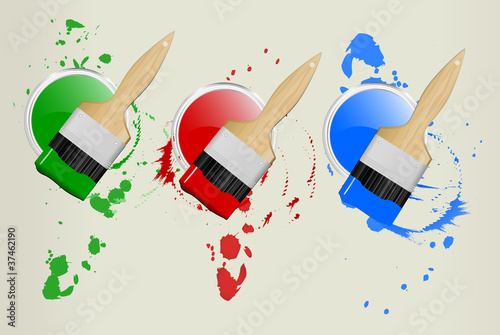 3 paint cans and brushes, vector illustration, red,green,blue