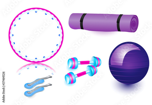 sports equipment: fitball, healthy hoop, dumbbells, rug, weighti photo