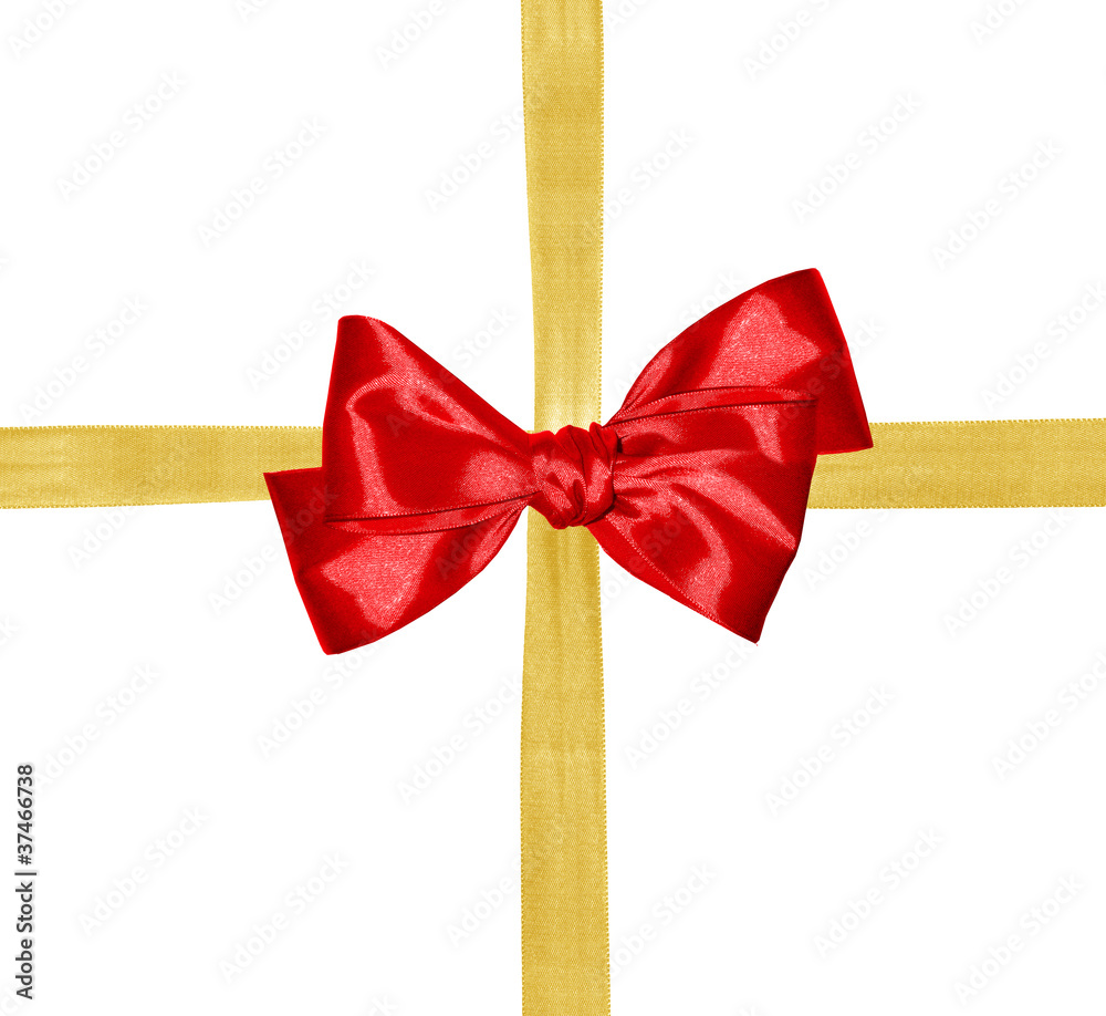 Fototapeta premium golden ribbon and red bow isolated on white background