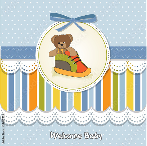 shower card with teddy bear hidden in a shoe