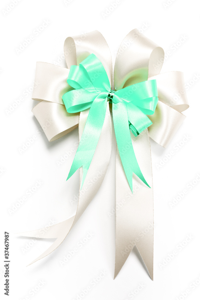 White and green ribbon bow for decorate gift box White and green ribbon bow for decorate gift box