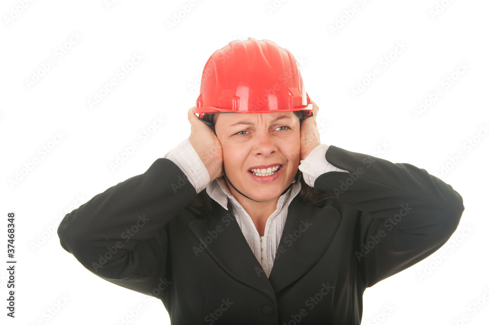 women with a protective helmet, the noise bothers women with a protective helmet, the noise bothers