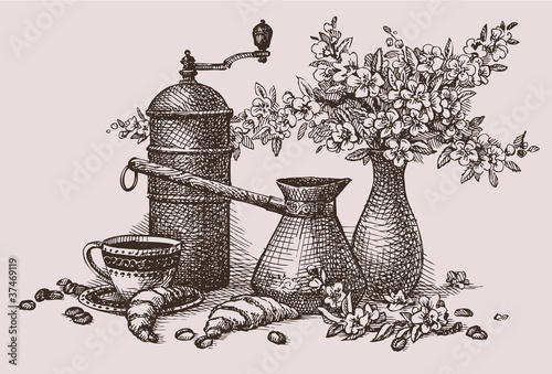 Vector still life. Turk, coffee grinder and coffee