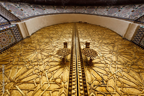 Closeup of ornate carved brass door of palace in Fez, Morocco
