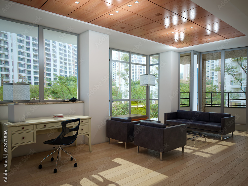 Fototapeta premium Wnętrze z sofą i oknem z widokiem na ogród