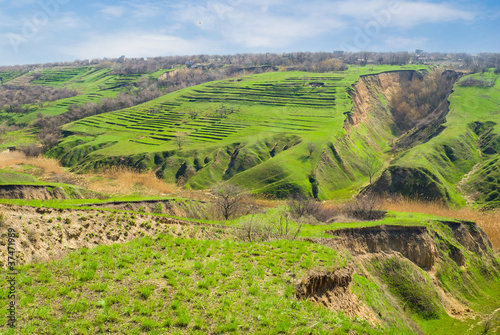 Fotografia Early spring landscape with soil erosion in Ukraine.