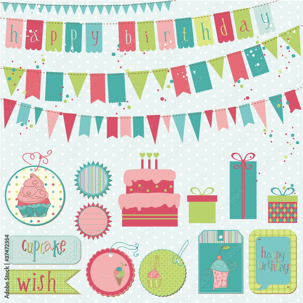 Fototapeta premium Retro Birthday Celebration Design Elements - for Scrapbook, Invi
