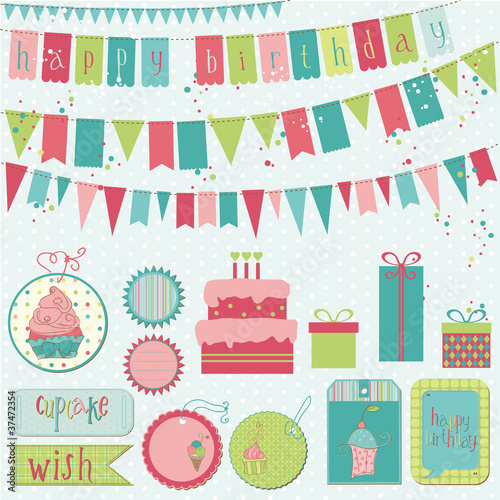 Retro Birthday Celebration Design Elements - for Scrapbook, Invi