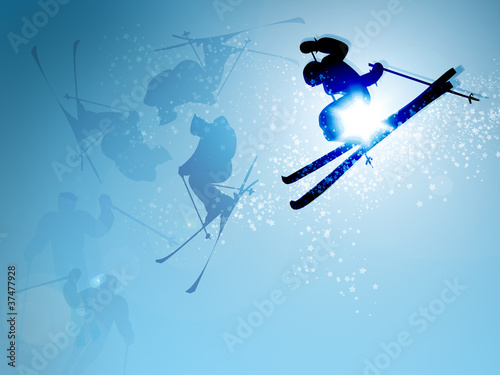 ski jumping in mid-flight on blue sky background