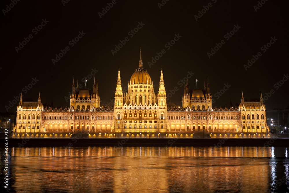 Highly detailed photo of the Parliament in Budapest at night, Hu