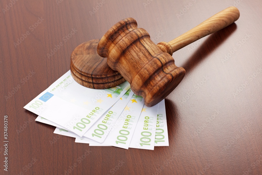 Justice gavel on euro banknotes