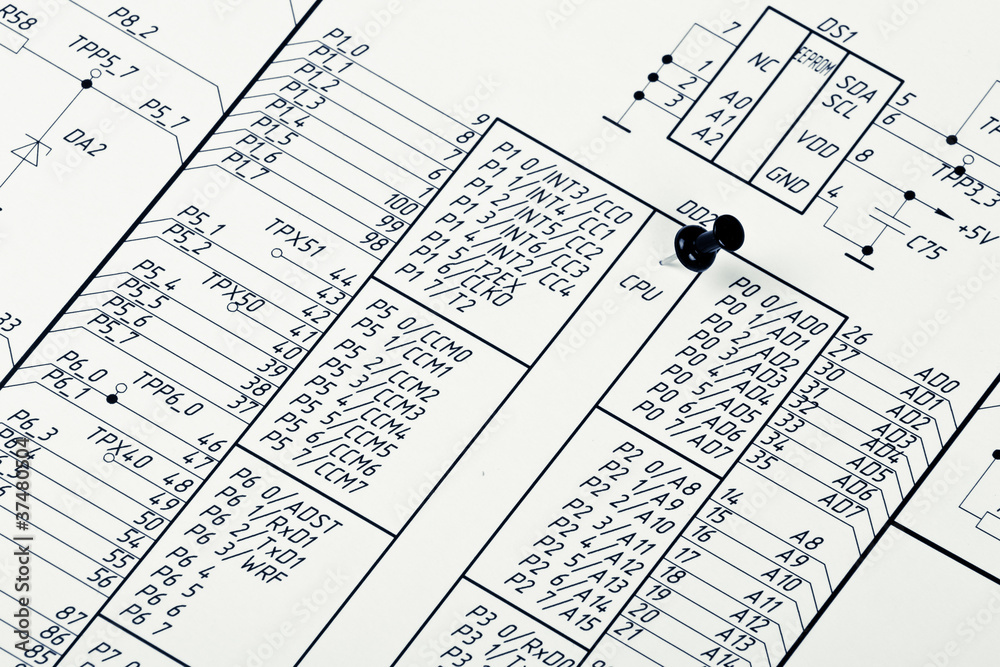 Detailed drawing of electrical circuits and pushpin Detailed drawing of electrical circuits and pushpin