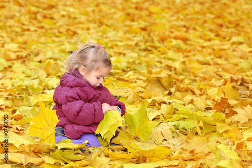 Adorable toddler girl with autumn leaves