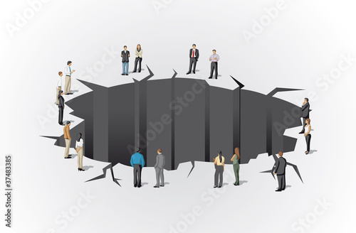 Group of business people around hole. Cracked floor.