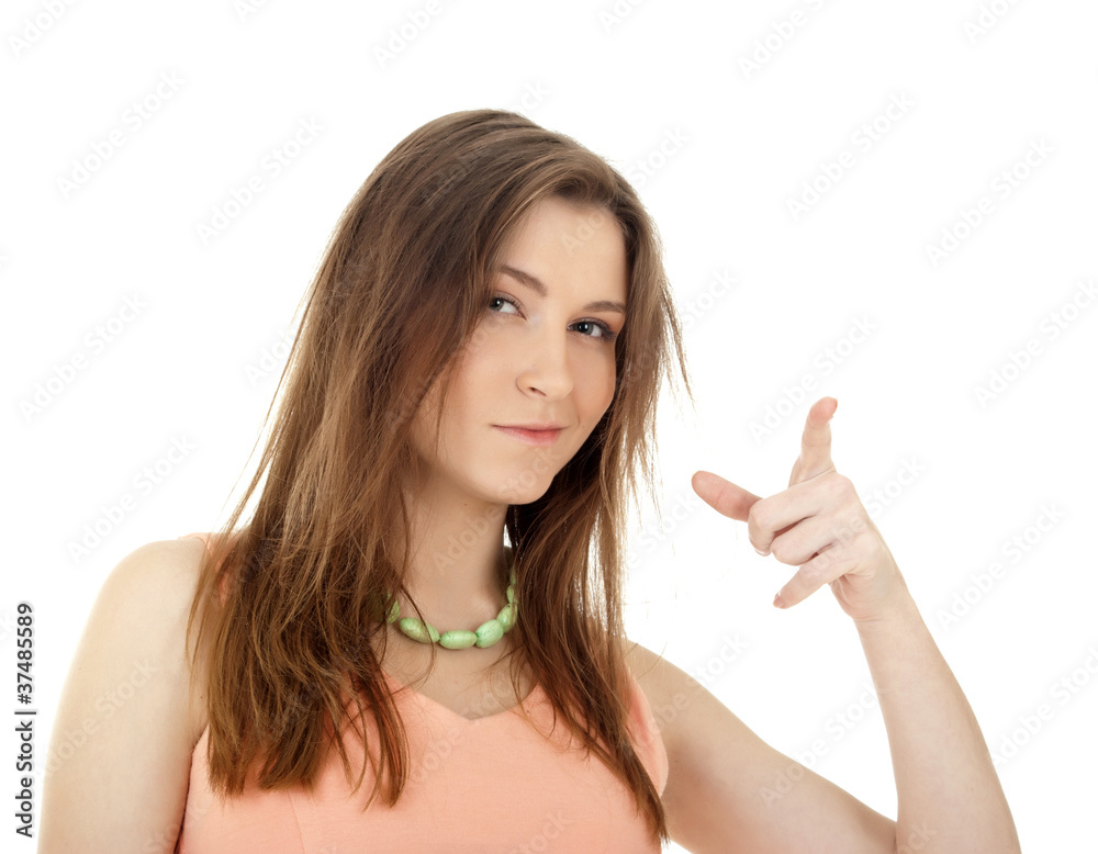 Portrait of a young smiling businesswoman pointing at you. Isola Portrait of a young smiling businesswoman pointing at you. Isola