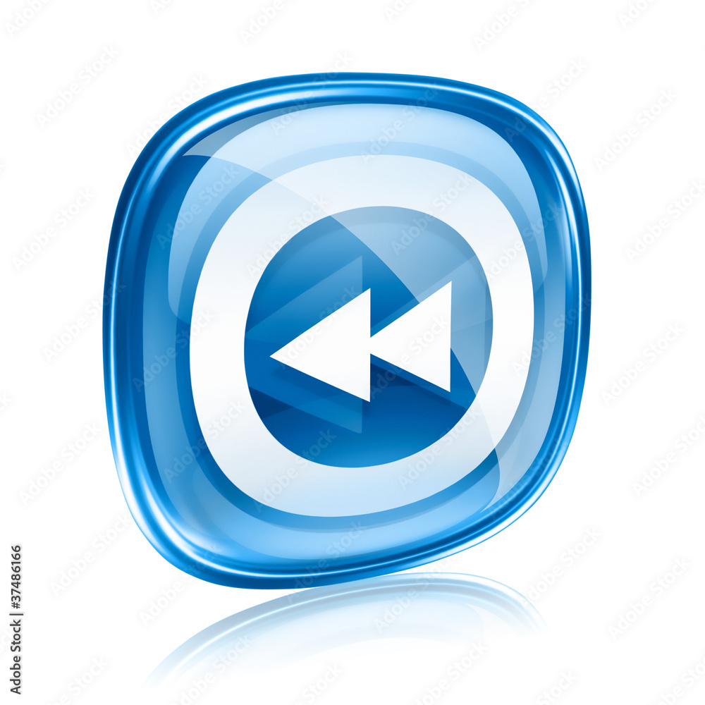 Rewind icon blue glass, isolated on white background. Rewind icon blue glass, isolated on white background.