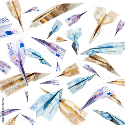 euro banknotes flying on white background
