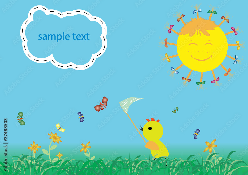funny chicken on green grass with flowers. Vector. funny chicken on green grass with flowers. Vector.
