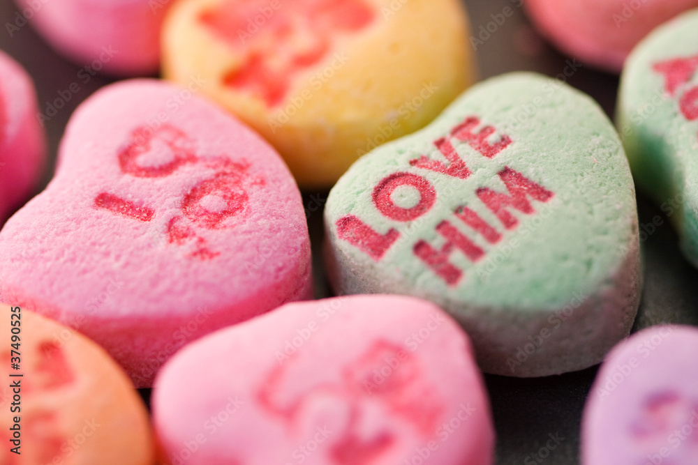 Close up shot of Valentines heart candy with message Close up shot of Valentines heart candy with message