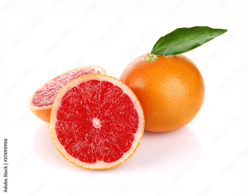pair ripe juicy grapefruit with green leaf isolated on white pair ripe juicy grapefruit with green leaf isolated on white
