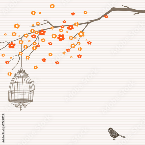 Nature design with tree, birdcage and bird.