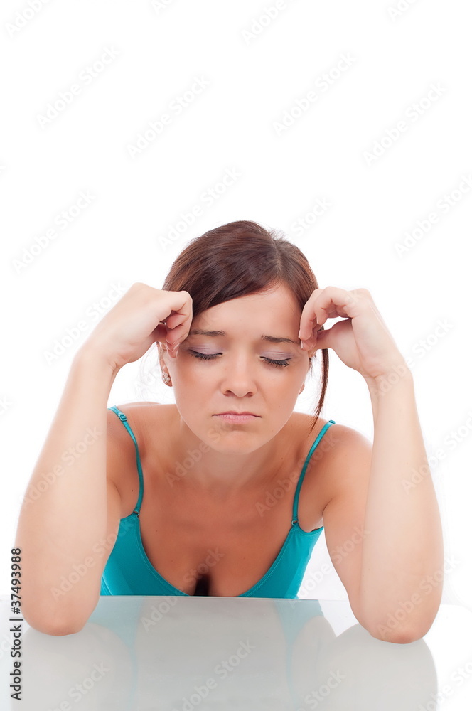Portrait of a beautiful brunette with migraine Portrait of a beautiful brunette with migraine